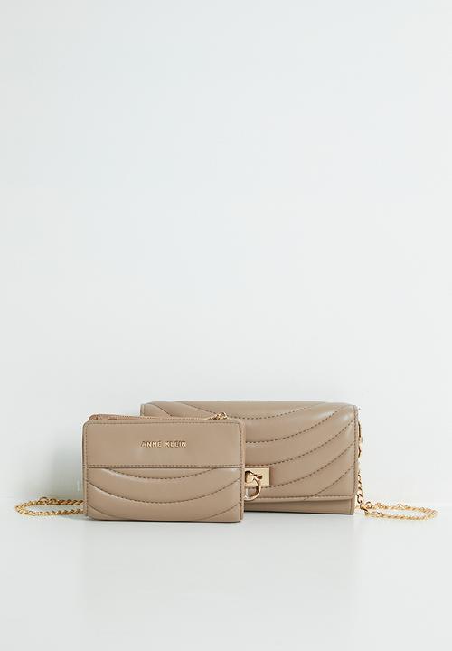 Anne Klein - 2 Pc Flap Crossbody And Bifold Wallet Gift Set Bag - Truffle Quilted