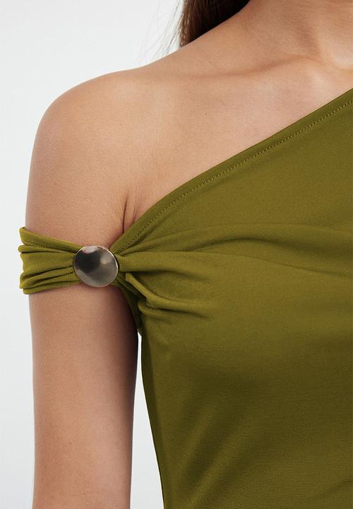 Trendyol - Green plain asymmetric neck sleeveless knitted sandy stylish/evening - oil green