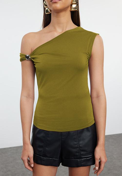 Trendyol - Green plain asymmetric neck sleeveless knitted sandy stylish/evening - oil green