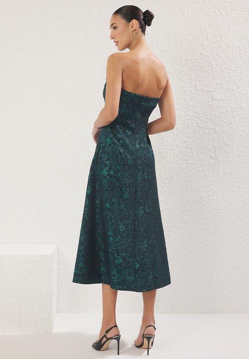 Trendyol - A-line jacquard woven midi elegant evening prom dress - emerald
