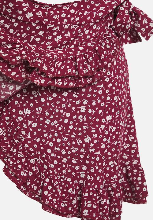 Trendyol - Floral Ruffle Viscose Summer Mini Skirt - burgundy