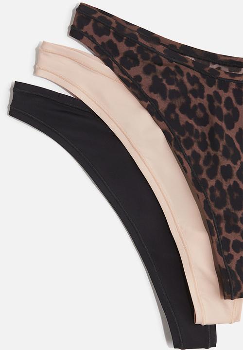 H&M - 3 pack microfibre thong briefs - dark brown leopard print
