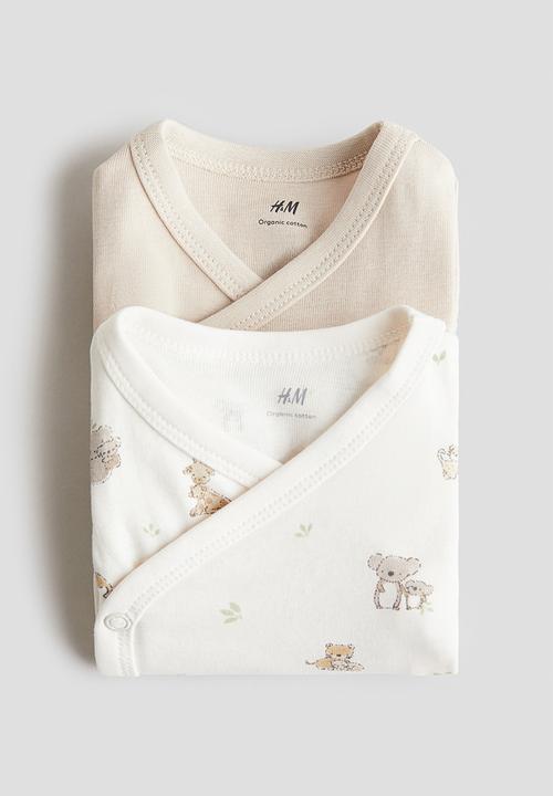 H&M - 2-Pack wrapover bodysuits - light beige/animals 