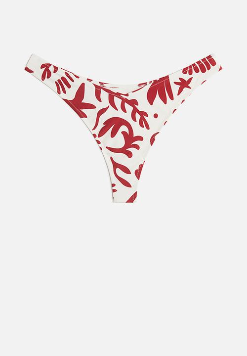 H&M - Thong bikini bottoms - white & dark red patterned