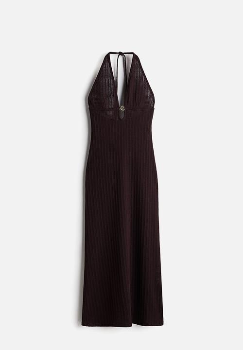 H&M - Embellished pointelle-knit dress - burgundy