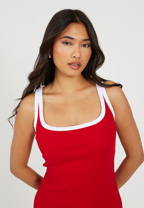 Brave Soul - Ladies Scoop Neck Midi Body Con Dress - Red/White