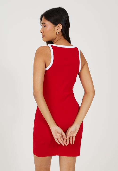 Brave Soul - Ladies Scoop Neck Midi Body Con Dress - Red/White