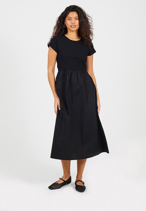 Ladies Midi Ribbed Jersey And Poplin Mix Dress - Black 1