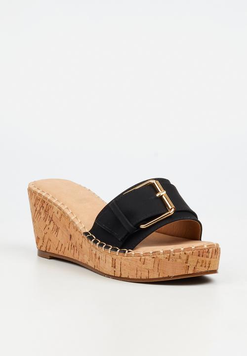 Miss Black - JAYDA 6 Buckle Mule Cork Wedge  - Black