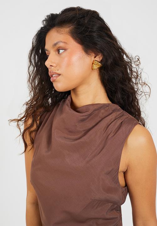 Brave Soul - Ladies Midi Sleeveless Asymmetric Dress - Light Brown