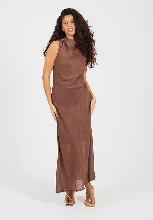 Ladies Midi Sleeveless Asymmetric Dress - Light Brown