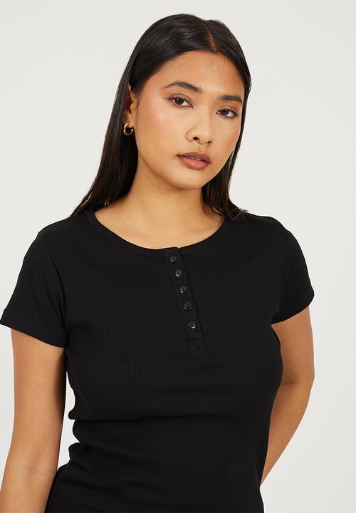 Brave Soul - Ladies Short Sleeve Quarter Button Top - Black