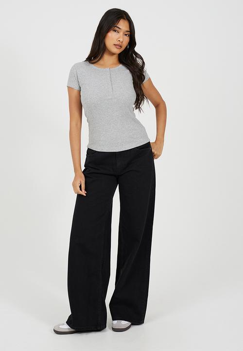 Brave Soul - Ladies Short Sleeve Quarter Button Top - Grey Marl