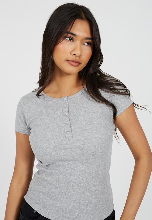 Brave Soul - Ladies Short Sleeve Quarter Button Top - Grey Marl