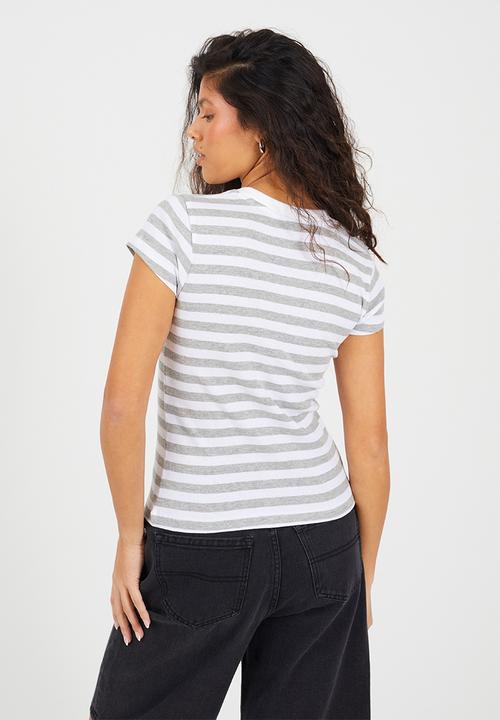 Brave Soul - Ladies Crew Neck Stripe Rib T-Shirt - Grey Marl/ White
