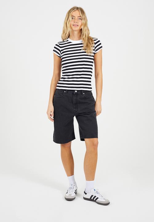 Brave Soul - Ladies Crew Neck Stripe Rib T-Shirt - White/Black