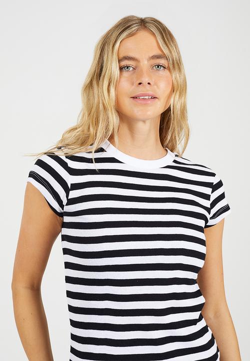 Brave Soul - Ladies Crew Neck Stripe Rib T-Shirt - White/Black