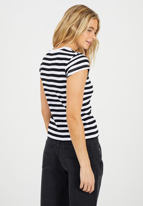 Brave Soul - Ladies Crew Neck Stripe Rib T-Shirt - White/Black