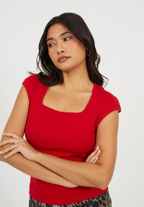 Brave Soul - Ladies Square Neck Short Sleeve T-Shirt - Red