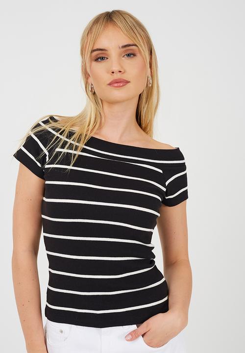Brave Soul - Ladies Scoop Neck Short Sleeve Striped Top - Black/White