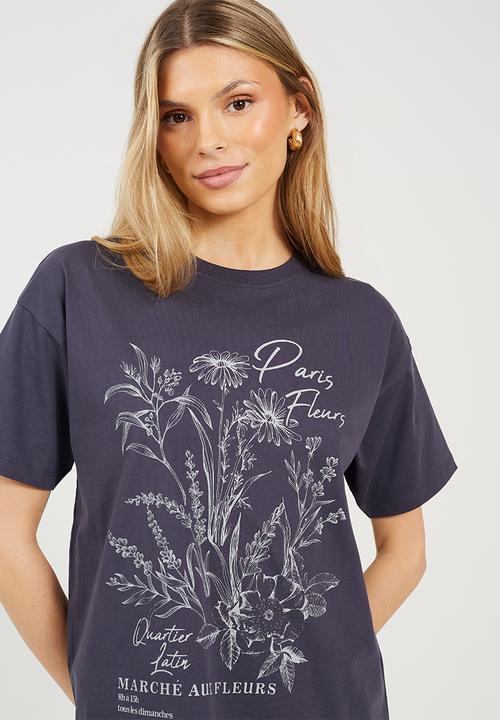 Ladies Short Sleeve Crew Neck Graphic T-Shirt - Charcoal