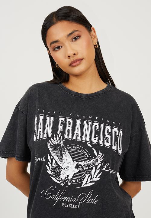 Brave Soul - Ladies Acid Wash Oversized 'San Francisco' Graphic Tee - Black Acid Wash