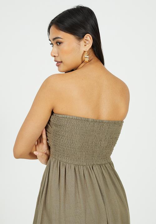 Brave Soul - Ladies Halter Neck Midi Tiered Dress - Khaki 