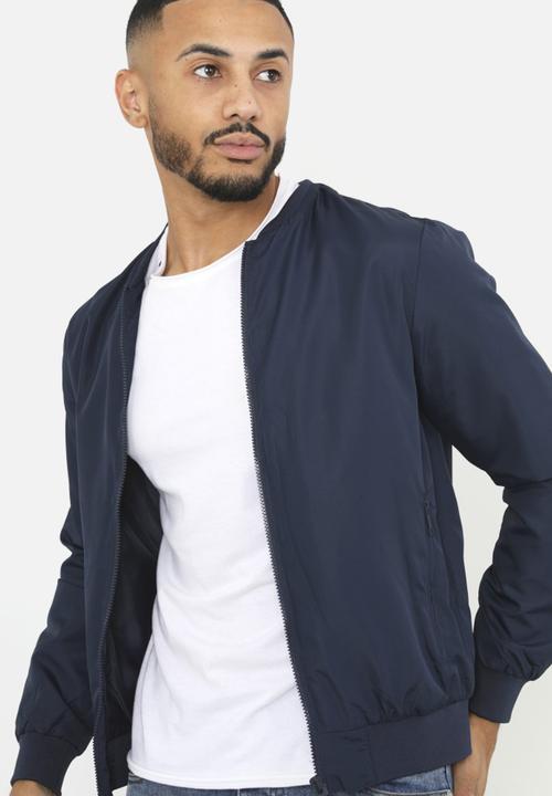 Brave Soul - Bomber Jacket With Ribbed Hem  - Navy