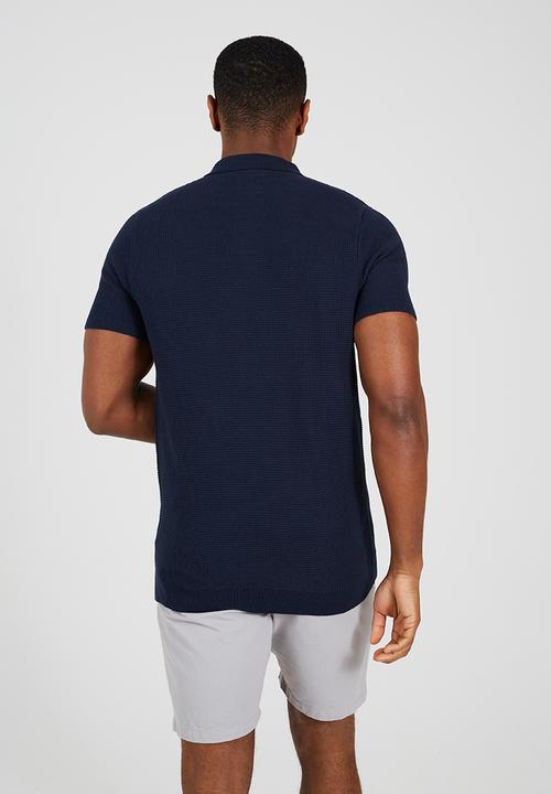 Brave Soul - Knitted Polo Shirt- Midnight Navy