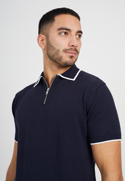 Brave Soul - Short Sleeved Knitted Polo - Midnight Navy/ White