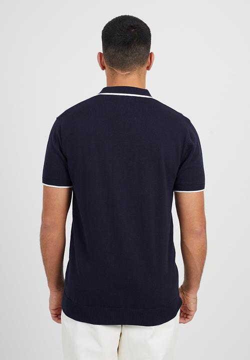 Brave Soul - Short Sleeved Knitted Polo - Midnight Navy/ White