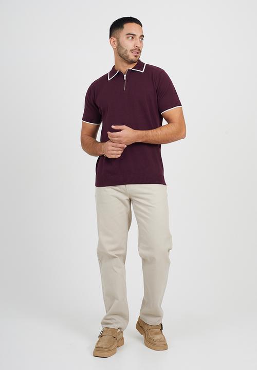 Brave Soul - Short Sleeved Knitted Polo - Deep Maroon/ White