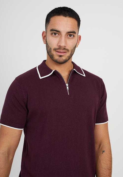 Brave Soul - Short Sleeved Knitted Polo - Deep Maroon/ White
