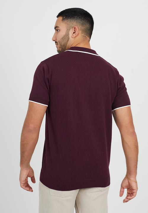 Brave Soul - Short Sleeved Knitted Polo - Deep Maroon/ White