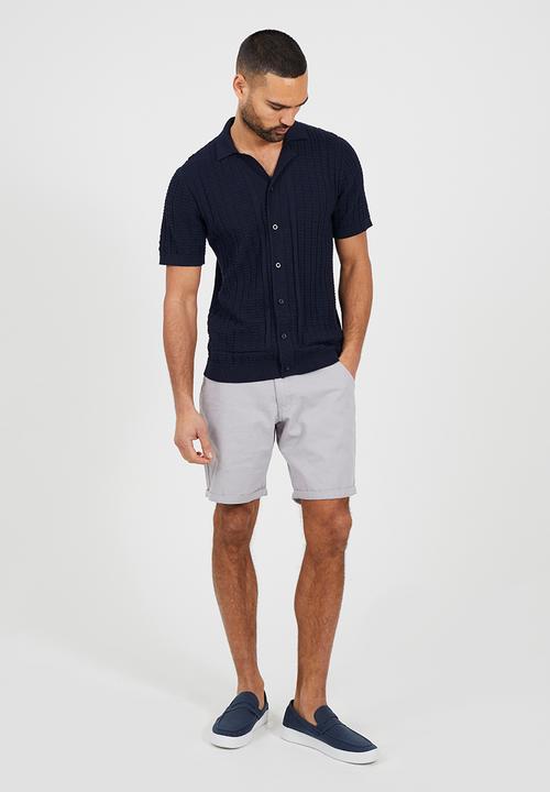 Brave Soul - Men Button Through Knitted Revere Collar Shirt - Midnight Navy