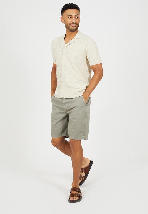 Brave Soul - Men Button Through Knitted Revere Collar Shirt - Ecru Marl