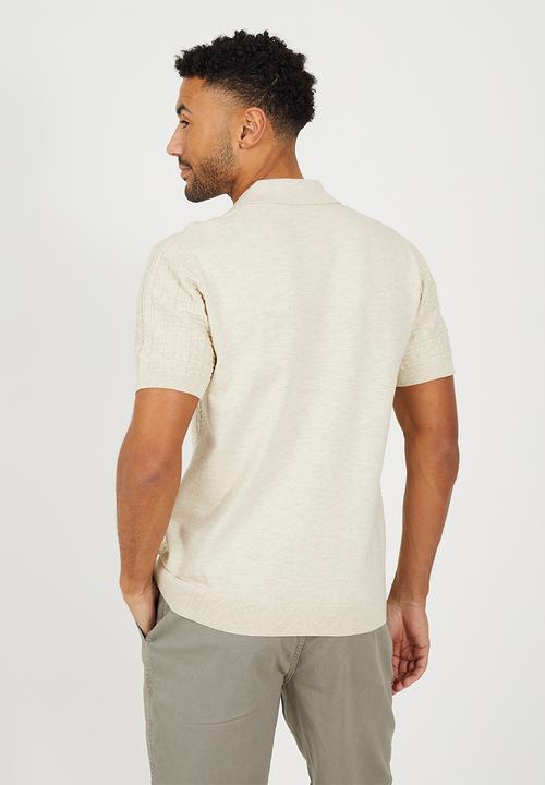 Brave Soul - Men Button Through Knitted Revere Collar Shirt - Ecru Marl