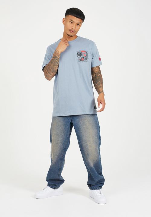 Brave Soul - Crew Neck  Oversized T-Shirt  - Blue / Multi-Colour Print