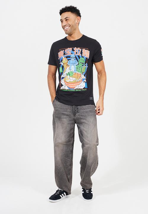 Brave Soul - Crew Neck Oversized T-Shirt - Jet Black/Multi-Colour Print