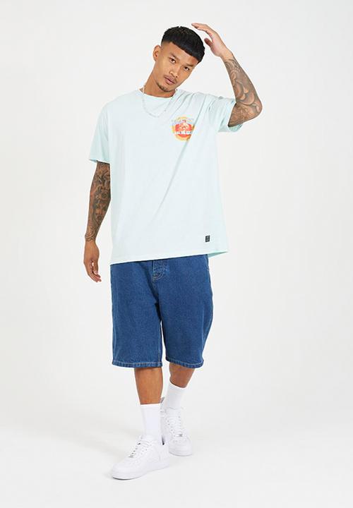 Brave Soul - Crew Neck Oversized T-Shirt  - Cloud Blue / Multi-Colour Print