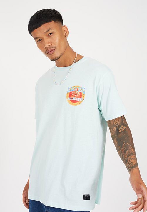 Brave Soul - Crew Neck Oversized T-Shirt  - Cloud Blue / Multi-Colour Print