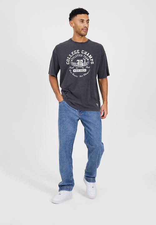 Brave Soul - Relaxed Fit Crew Neck T-shirt - Dark Grey Acid Wash