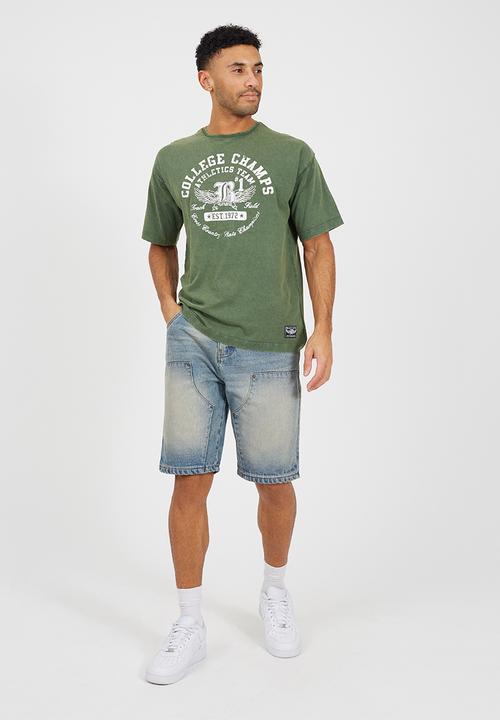 Brave Soul - Relaxed Fit Crew Neck T-shirt- Dark Green Acid Wash