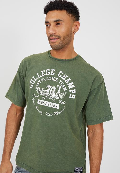 Brave Soul - Relaxed Fit Crew Neck T-shirt- Dark Green Acid Wash