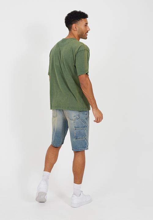 Brave Soul - Relaxed Fit Crew Neck T-shirt- Dark Green Acid Wash