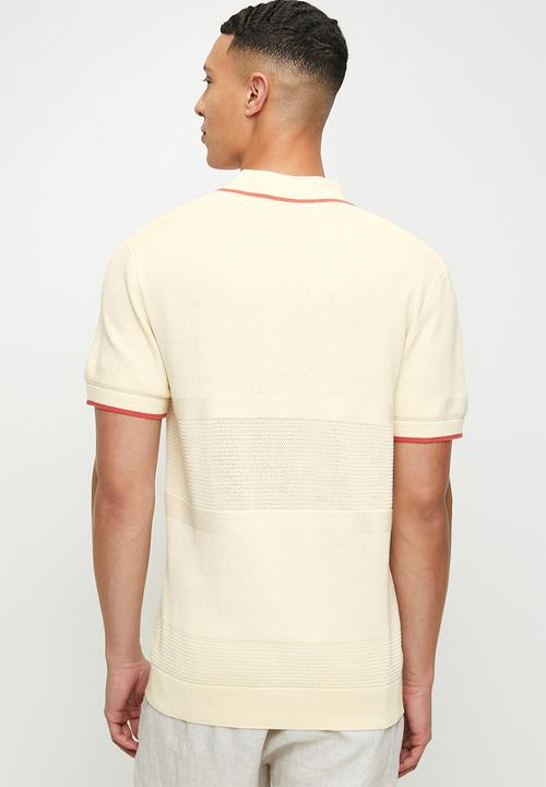 POLO - Maddox textured tipped knitted short sleeve golfer - stone