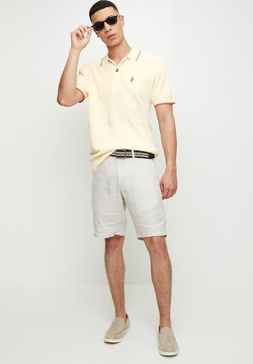 POLO - Maddox textured tipped knitted short sleeve golfer - stone