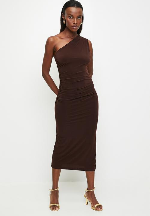 Trendyol - One shoulder draped slim fit knitted midi pencil dress - braun