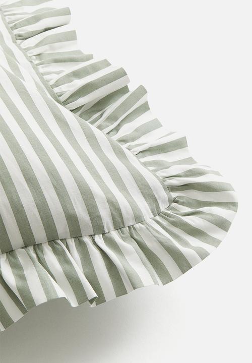 H&M - Frill-trimmed cotton cushion cover -  mint green/striped