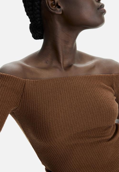 H&M - Rib-knit off-the-shoulder top - brown
